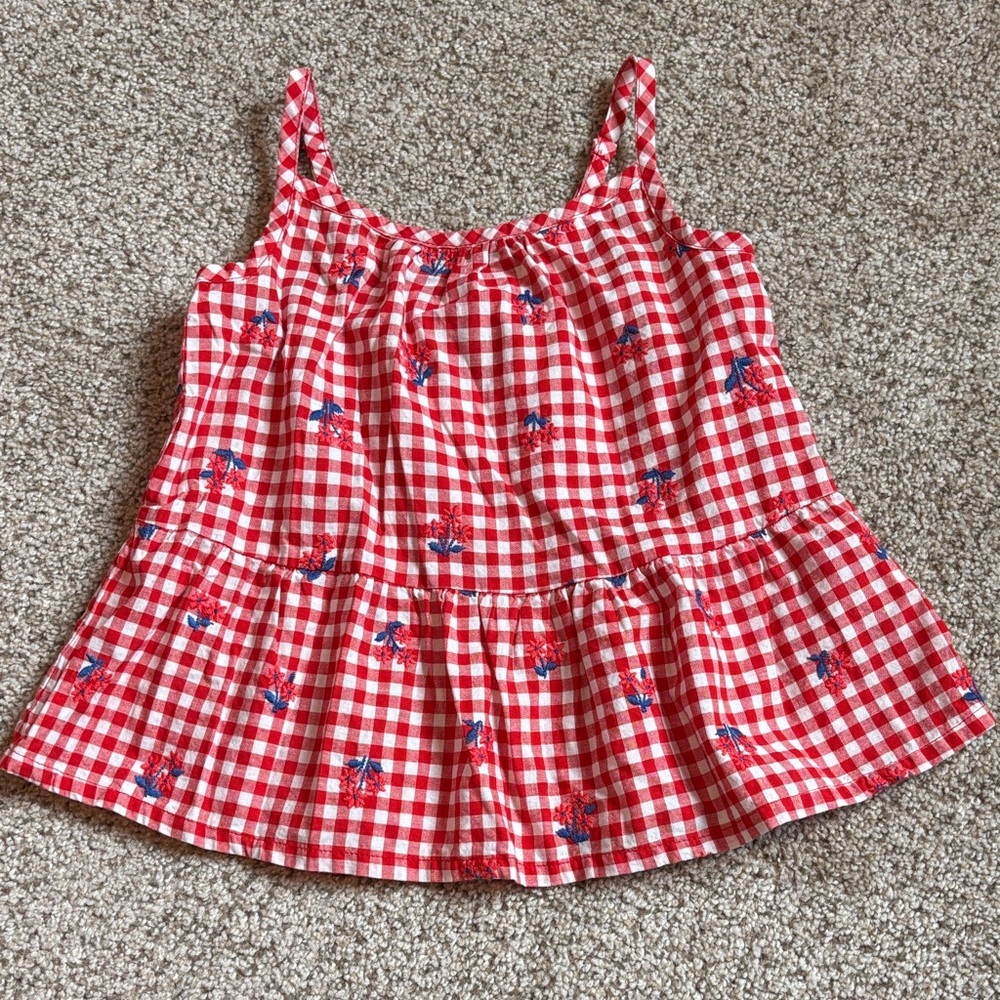 Cat & Jack Red & White Gingham Floral Embroidered Tank Size 6/7 100% Cotton